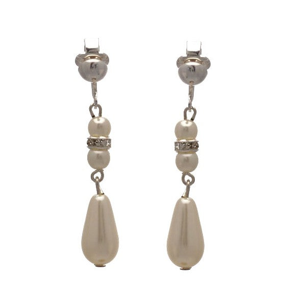 High Class Silver tone White faux Pearl crystal Clip On Earrings