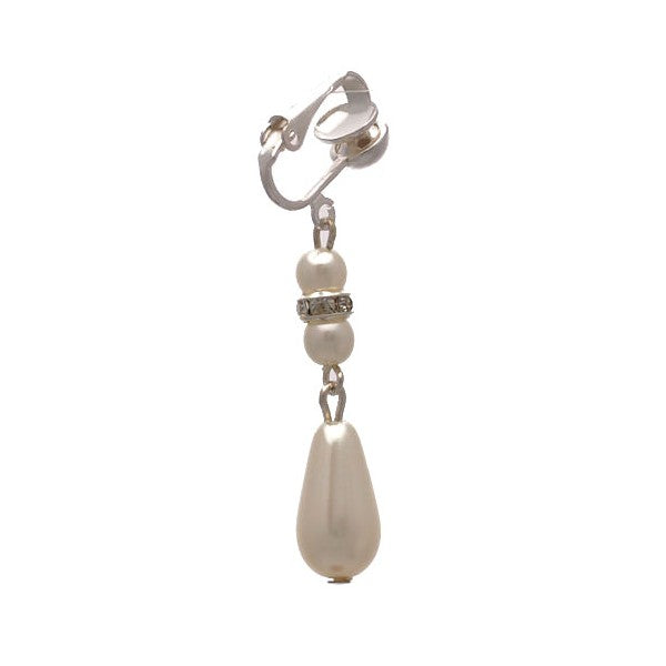 High Class Silver tone White faux Pearl crystal Clip On Earrings