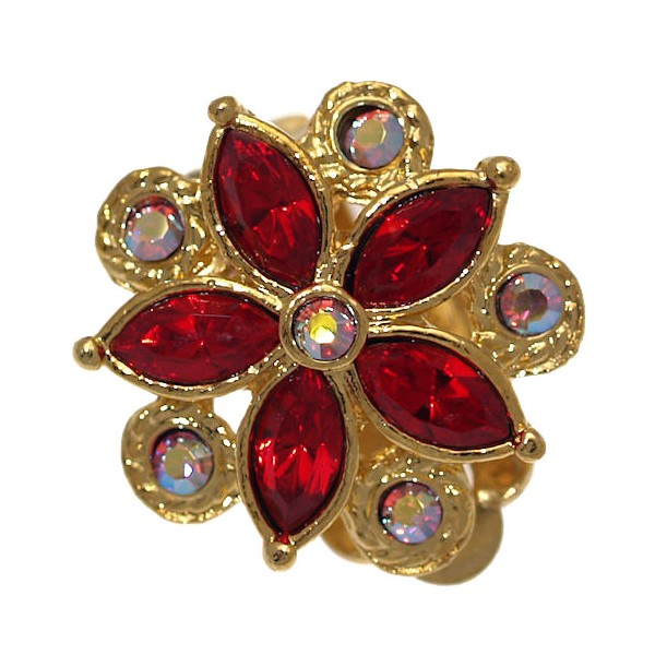 IPHIGENIA Gold Plated Ruby Crystal Flower Clip On Earrings