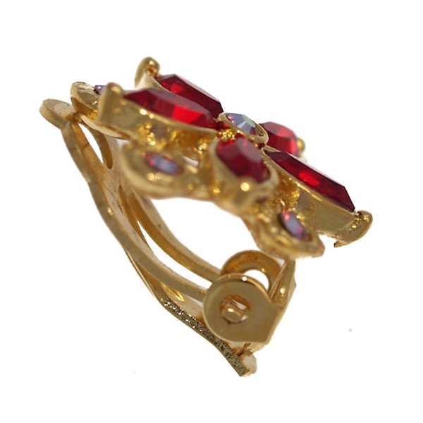 IPHIGENIA Gold Plated Ruby Crystal Flower Clip On Earrings