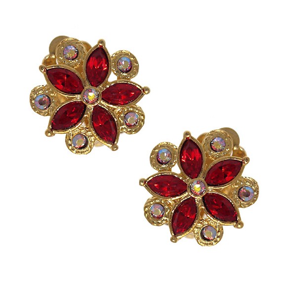 IPHIGENIA Gold Plated Ruby Crystal Flower Clip On Earrings