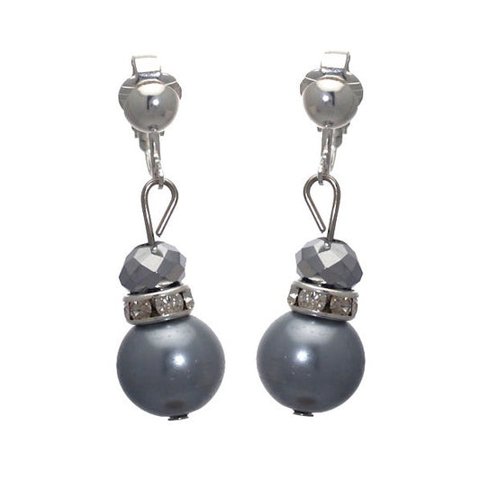 Jenni-Lou Silver plated Grey faux Pearl Crystal Clip On Earrings