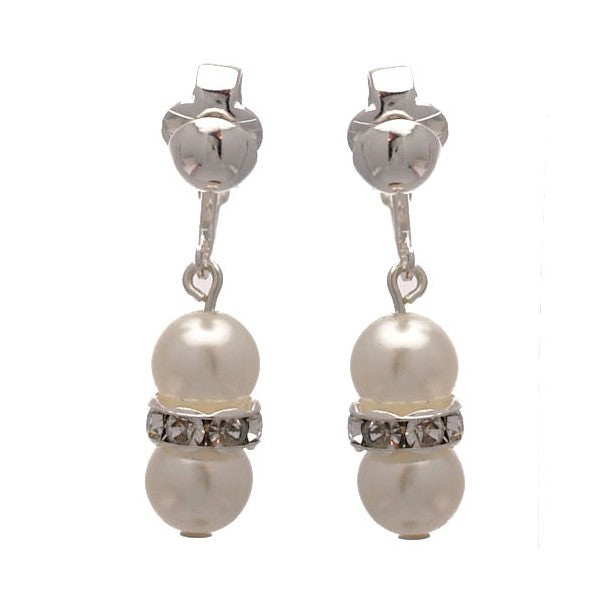 Joasia Silver tone White faux Pearl Crystal Clip On Earrings