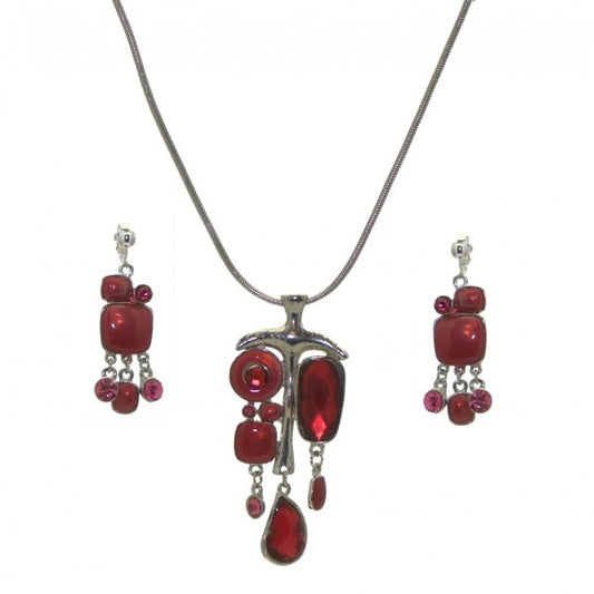 JOELLA Silver tone Red Necklace Set with Clip On Earrings