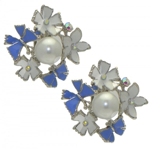 KAIROS Silver tone Blue Butterfly and faux Pearl Clip On Earrings