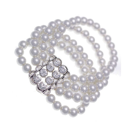 Kianna White faux Pearl Silvertone  Crystal Elasticated Bracelet