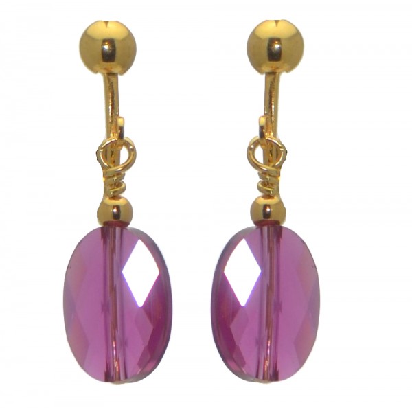 L'OVALE Gold Plated Oval Crystal Fuchsia Clip On Earrings