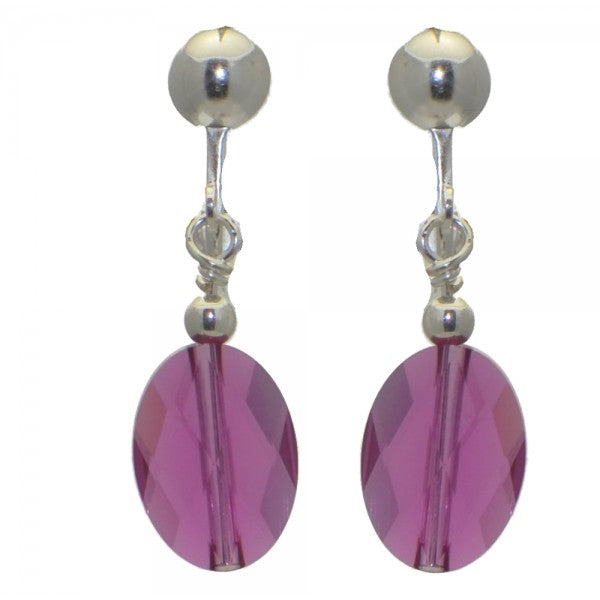 L'OVALE Silver Plated Oval Crystal Fuchsia Clip On Earrings