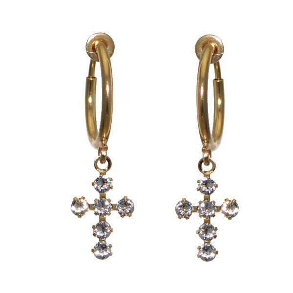 LA CROIX CERCEAU Gold Plated Clear Crystal Cross Clip On Earrings