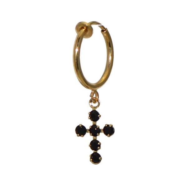 LA CROIX CERCEAU Gold Plated Jet Black Crystal Cross Clip On Earrings