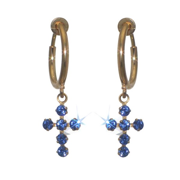 LA CROIX CERCEAU Gold Plated Sapphire Blue Crystal Cross Clip On Earrings