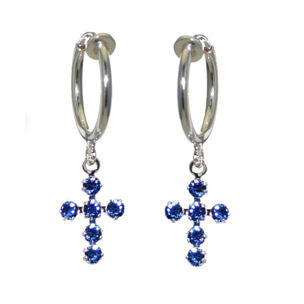 LA CROIX CERCEAU Silver Plated Sapphire Crystal Cross Clip On Earrings