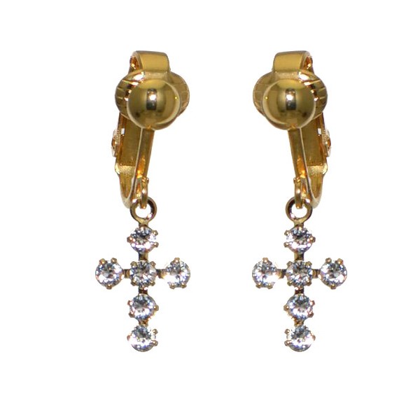 LA CROIX Gold Plated Clear Cross Clip On Earrings