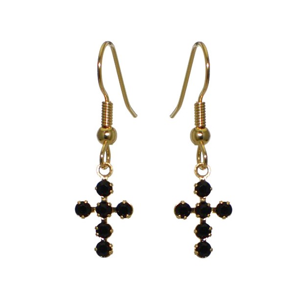 LA CROIX Gold Plated Jet Black Crystal Cross Hook Earrings