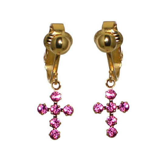 LA CROIX Gold Plated Rose Crystal Cross Clip On Earrings