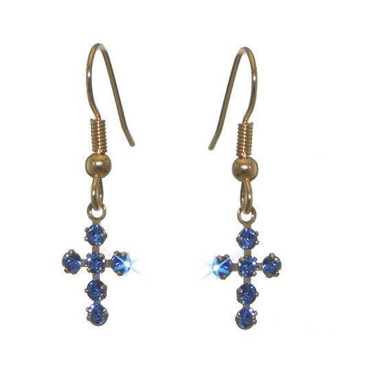 LA CROIX Gold Plated Sapphire Blue Crystal Cross Hook Earrings