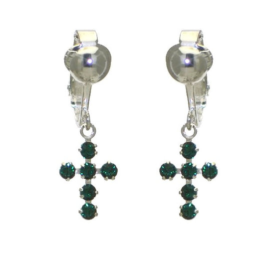 LA CROIX Silver Plated Emerald Green Crystal Cross Clip On Earrings