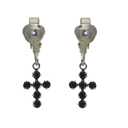 LA CROIX Silver Plated Jet black Crystal Cross Clip On Earrings