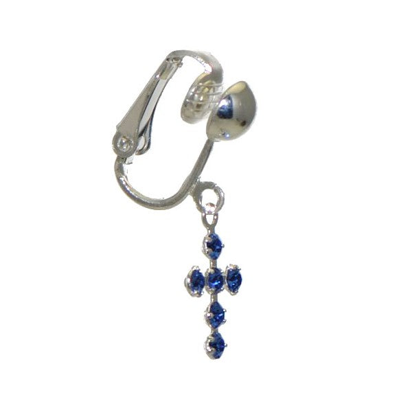 LA CROIX Silver Plated Sapphire Crystal Cross Clip On Earrings