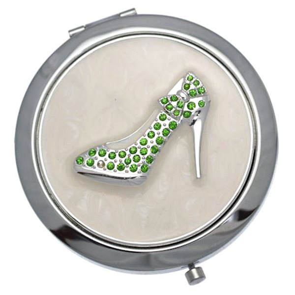 LADY Silver tone Green Crystal Shoe Double Mirror Compact