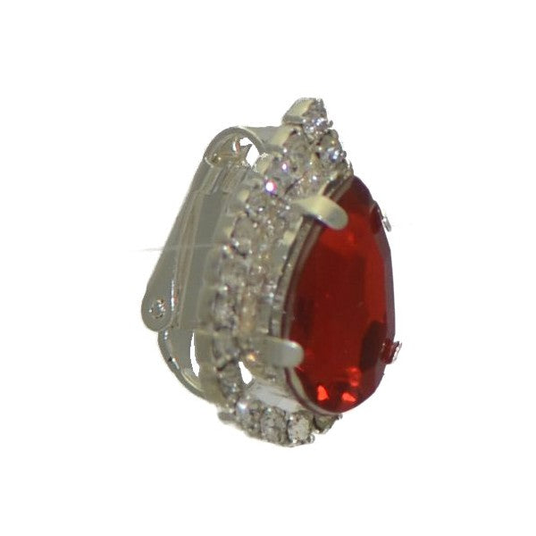 LAGRIMA Silver Plated Red and Clear Crystal Clip On Earrings