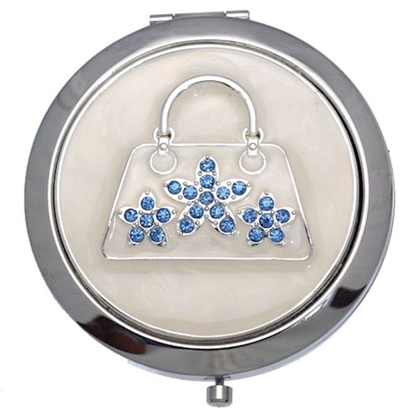 MADAM Silver tone Blue Crystal Handbag Double Mirror Compact