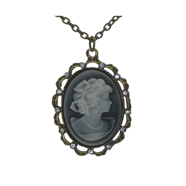 MERLYN Long Antique Gold tone Grey Cameo Necklace