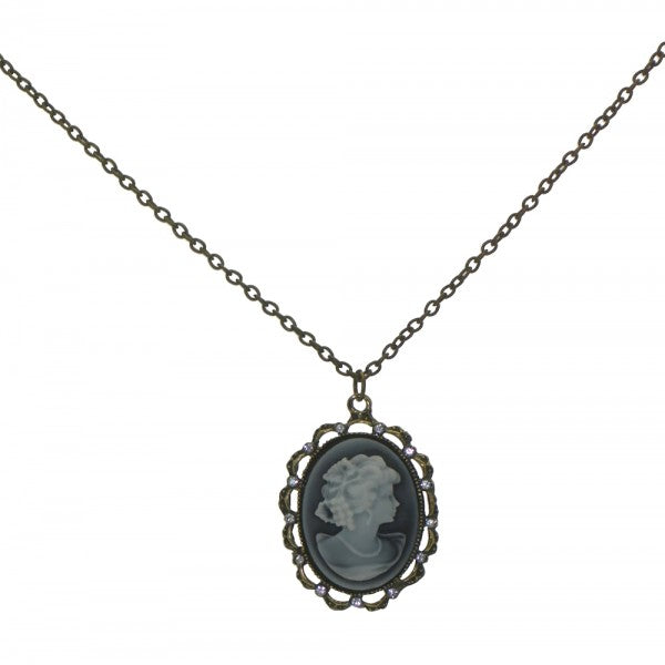MERLYN Long Antique Gold tone Grey Cameo Necklace