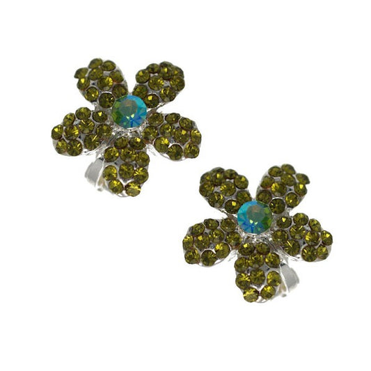Musette Silver tone Lime Green Crystal Flower Clip On Earrings