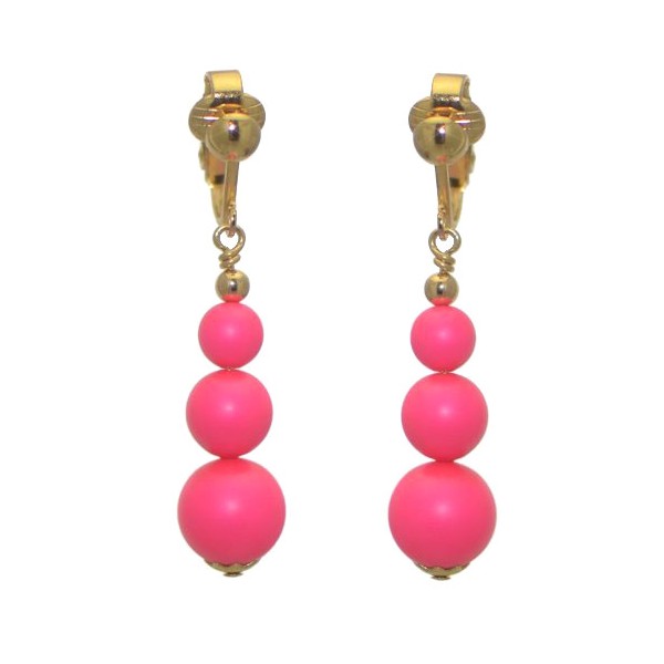NEON PINK Gold Plated Crystal Pearl Clip On Earrings
