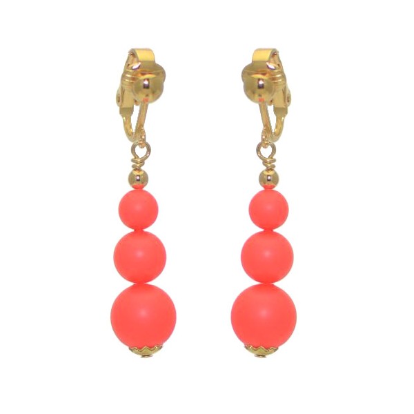 NEON RED Gold Plated Crystal Pearl Clip On Earrings