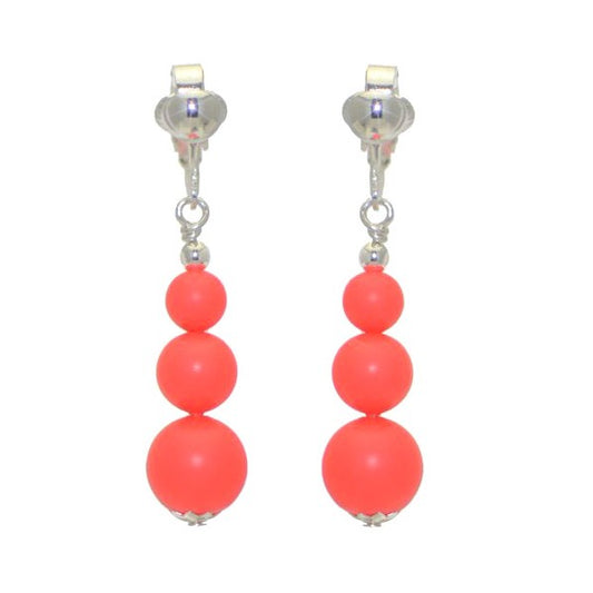 NEON RED Silver Plated Crystal Pearl Clip On Earrings