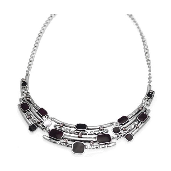Ornate Silver tone Black Purple Crystal Necklace
