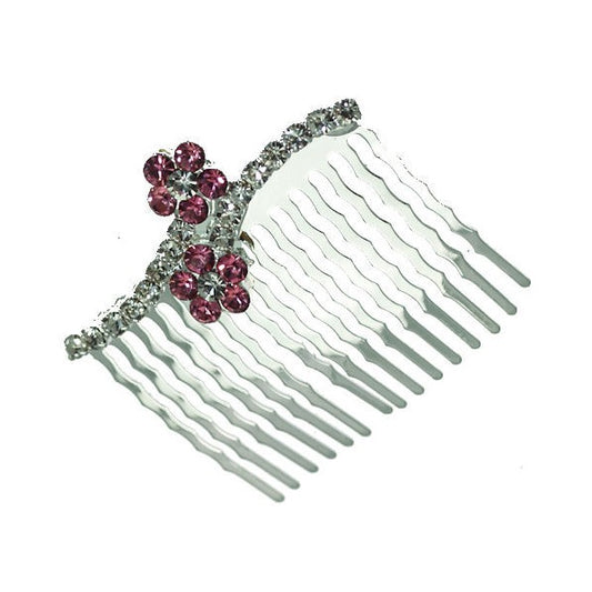Papaver Silver tone Pink Crystal Hair Comb