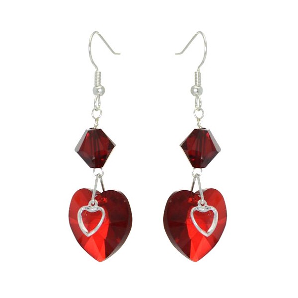 PASSION Silver Plated Siam Crystal Heart Hook Earrings