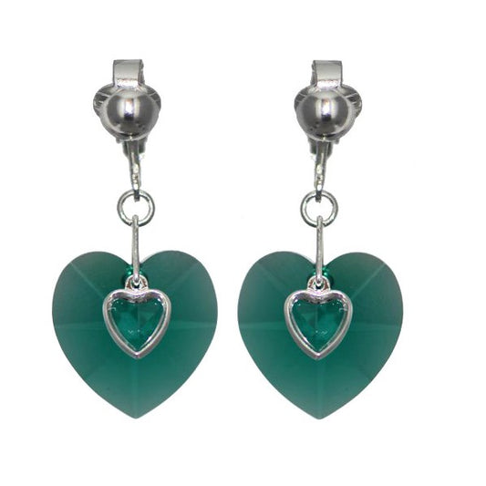 PASSIONATE Silver Plated Emerald Crystal Heart Clip On Earrings