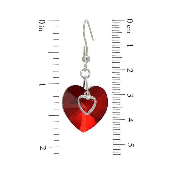 PASSIONATE Silver Plated Siam Crystal Heart Hook Earrings