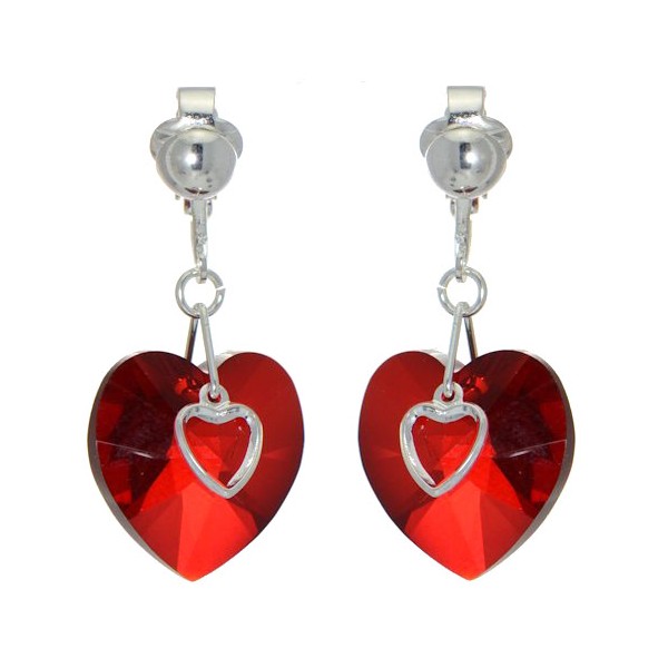 PASSIONATE Silver Plated Siam Heart Crystal Clip On Earrings