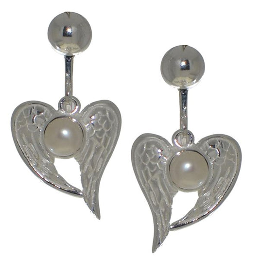 PEARL ANGEL silver plated angel wings and faux pearl clip on earrings by VIZ