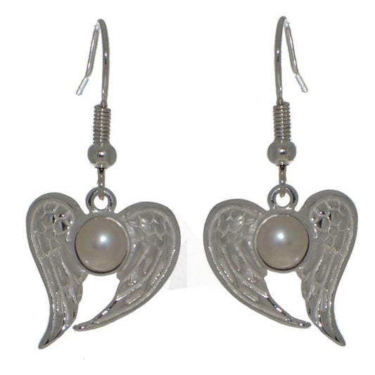 PEARL ANGEL silver plated freshwater pearl angel wings hook earrings by VIZ