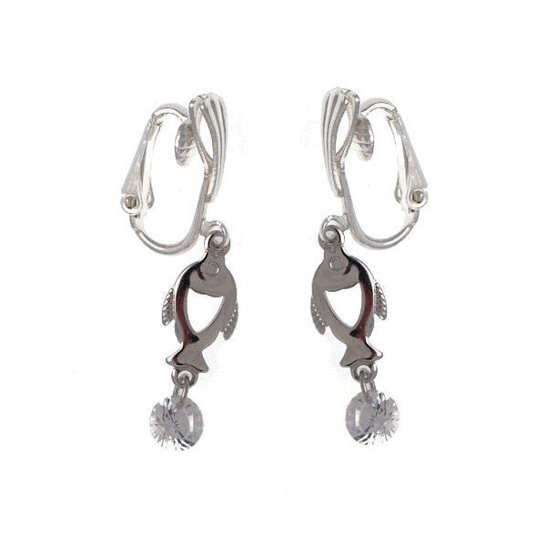 Pin-Yin Silver Plated Crystal Fish Clip On Earrings