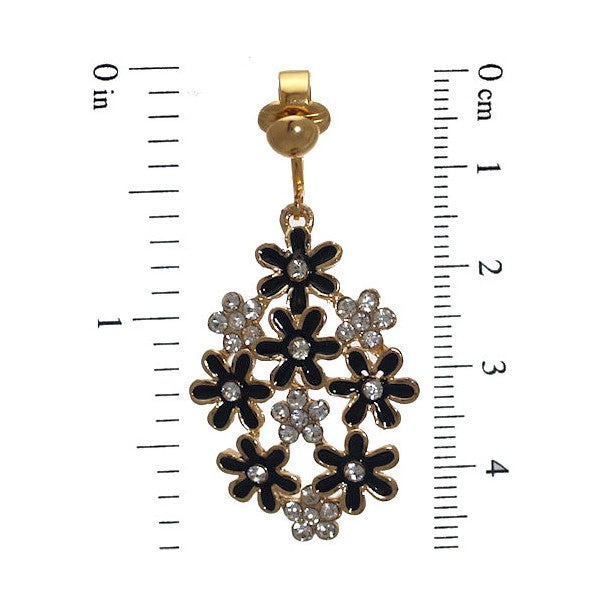 PRETTY Gold plated Black Flower Crystal Clip On Earrings
