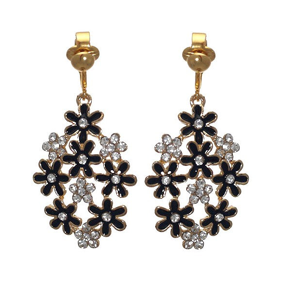 PRETTY Gold plated Black Flower Crystal Clip On Earrings
