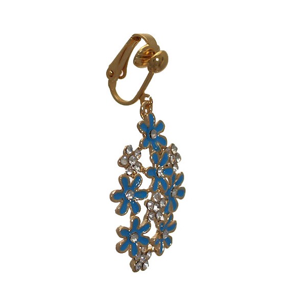 PRETTY Gold plated Turquoise Flower Crystal Clip On Earrings
