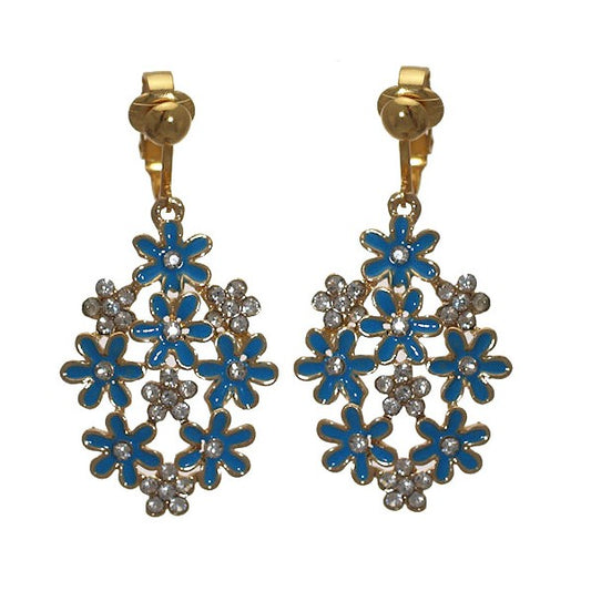 PRETTY Gold plated Turquoise Flower Crystal Clip On Earrings