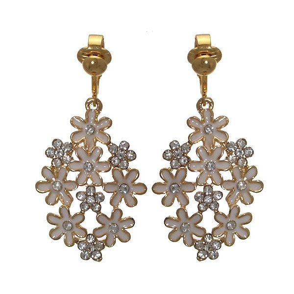 PRETTY Gold plated White Flower Crystal Clip On Earrings