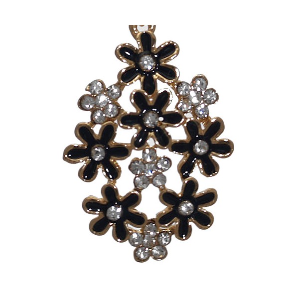 PRETTY Gold tone Black Flower Crystal Hook Earrings