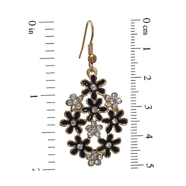 PRETTY Gold tone Black Flower Crystal Hook Earrings