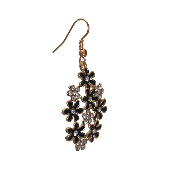 PRETTY Gold tone Black Flower Crystal Hook Earrings