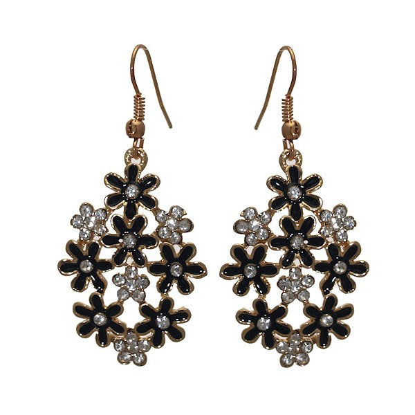 PRETTY Gold tone Black Flower Crystal Hook Earrings